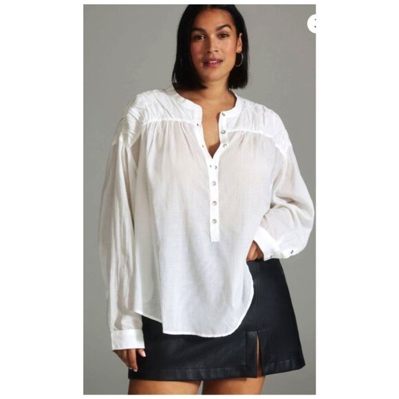 Pilcro Shirt Women XS White Crew Neck Henley Blouse‎ Preppy Peasant Boho Anthro - Picture 1 of 14